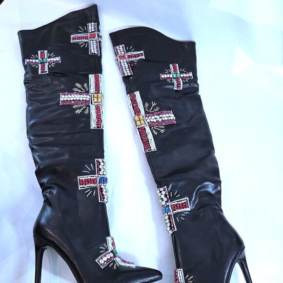 NIB NWT Azalea Wang Black Over the Knee Boosted Rhinestone Boots Size 9 - Picture 4 of 7